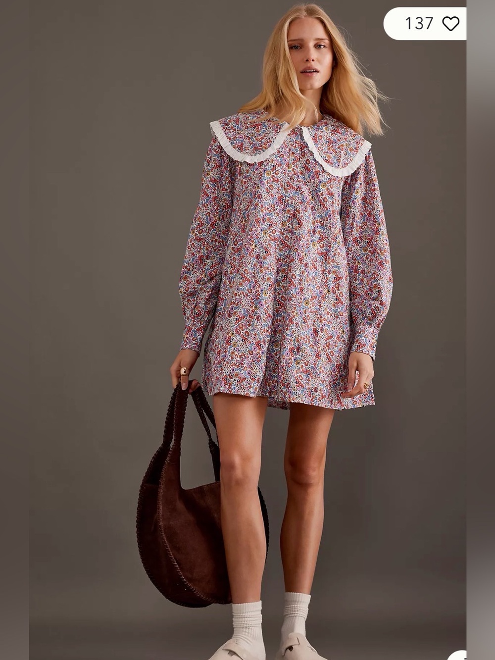 By Anthropologie Long-Sleeve Collared Mini Dress Floral Printed Eyelet size S